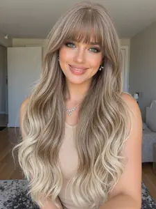 26 Inch Long Curly Gradient Bangs Wig for Women, With Bangs Wig, Soft Gentle Style Synthetic Hair, Suitable for All Ages, Elegant Ladies Wear