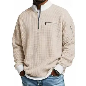 New 2026 Men's Casual Waffle Knit Half Zip Sweater Stylish Pocket Details Comfort Fit for Everyday Wear Multiple  Pullover Soft Breathable Quarter-Zip Stand Collar Functional Pockets - Menswear, Fabric