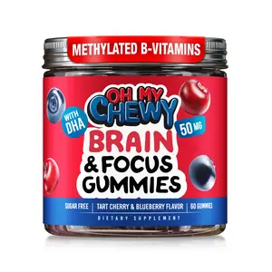 Center-Filled Brain and Focus Gummies for Kids & Teens Support - Sugar Free Memory and Cognition Supplements with DHA, Methylated B Vitamins, Folate, Zinc and L-Theanine - 60 Count