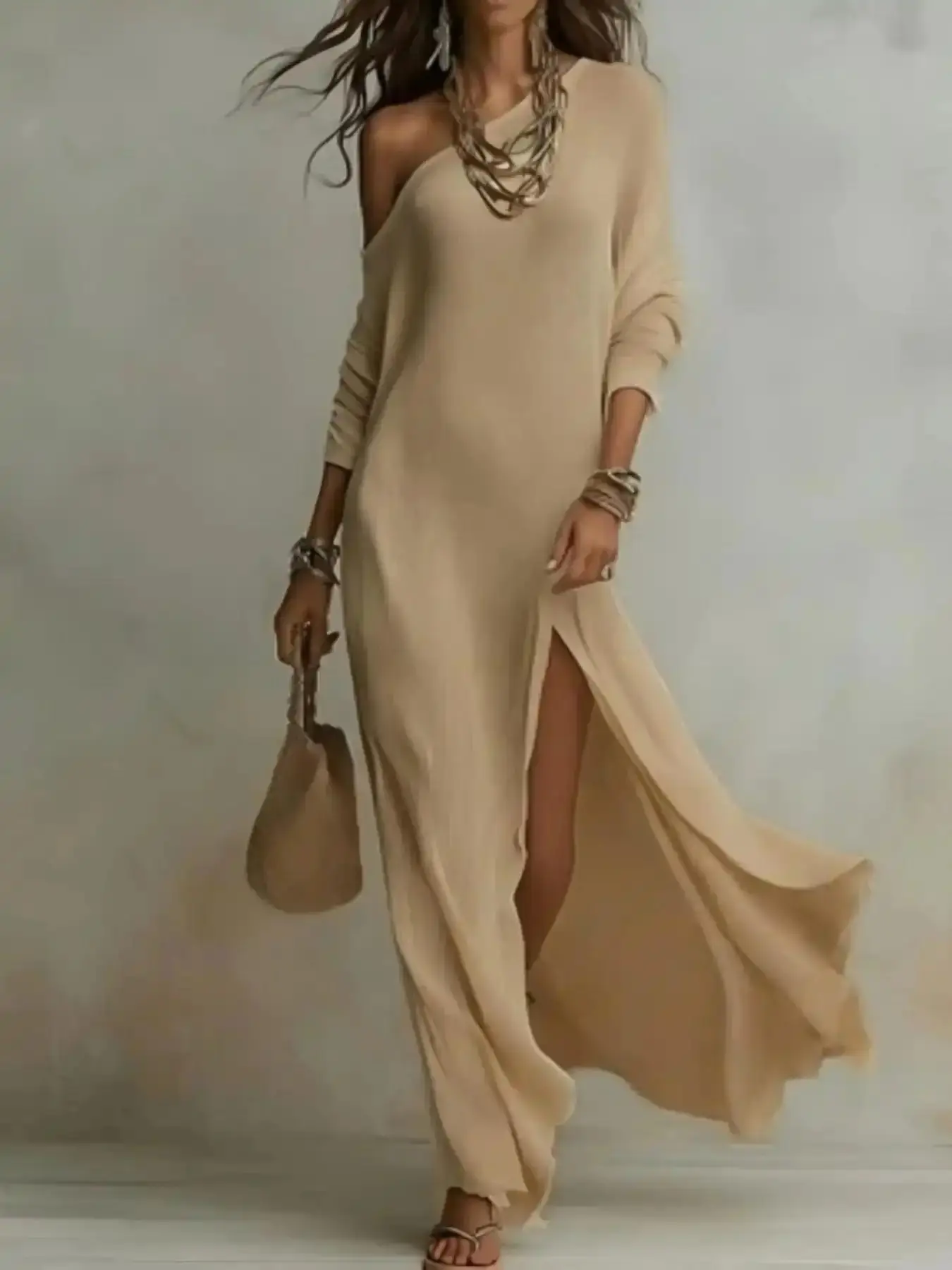 Women's Elegant Asymmetrical Shoulder Long Textured Fabric Formal Evening Gown - Minimalist High-End Dress for Weddings, Gatherings