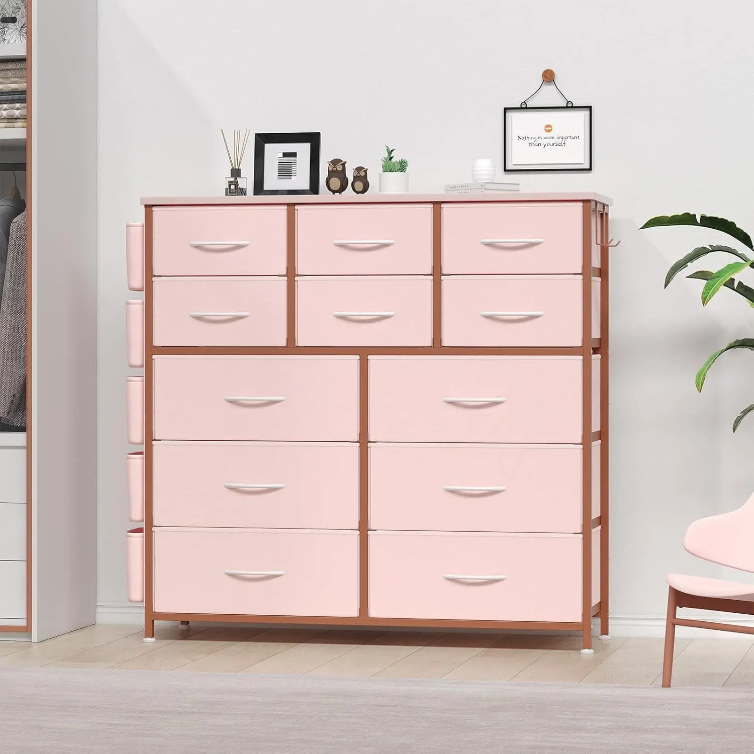 Pink 12-Drawer Fabric Dresser with Convenient Side Pockets - Ideal Storage Solution for Bedrooms, Living Rooms, Hallways, and Closets