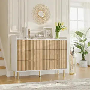 Dresser for Bedroom 47inch Fluted Wood Double Dresser with Metal Handles Curved Design Wide Storage Organizer Cabinet Wood Storage Double for Bedroom Living Room Entryway