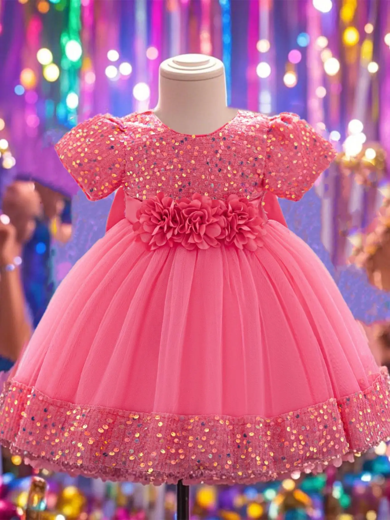 Toddler Girl's Glitter Sequin Decor Flower Design Tutu Dress, Cute Puff Sleeve Round Neck A Line Dress for Party Wedding Guest, Kids Clothes for All S