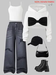 Fashionable Young Girls' Set, Long Sleeve Loose Oversized Hooded Knit Sweatshirt with Large Bow, Slim Shoulder Top & Printed Straight Leg Pants, Fall Winter Wear