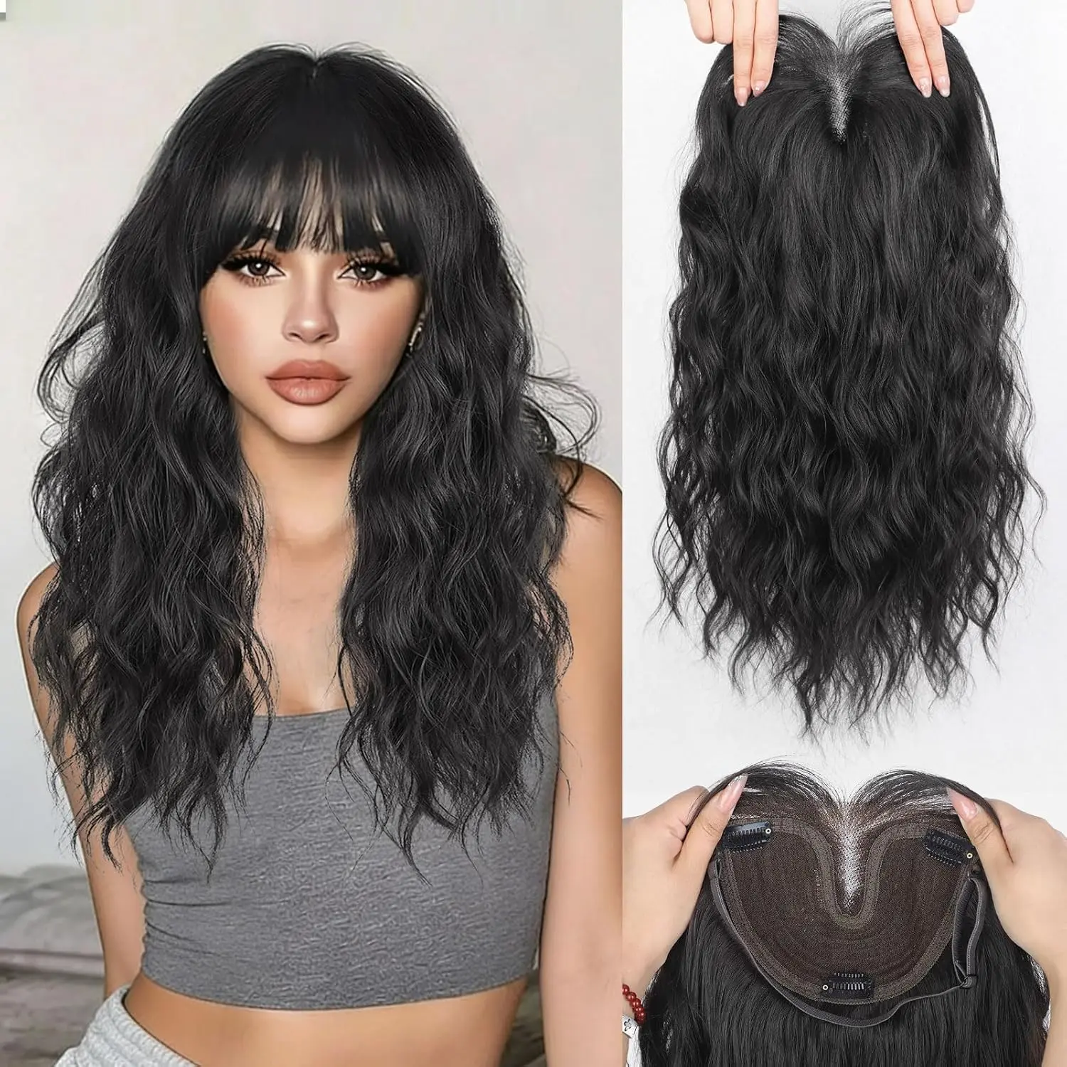 Black With Bang Wavy Hair Toppers, 360° Hand-Knitted Clip Wiglets for Hair Loss Women，Comfortable and breathable for Daily Use