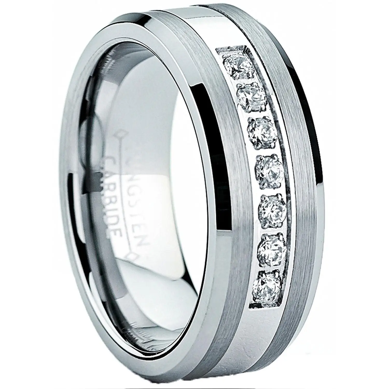 Tungsten Carbide Men's Engagement Wedding Band Ring with Center,Cubic Zirconia 8mm, Sizes 7 to 13
