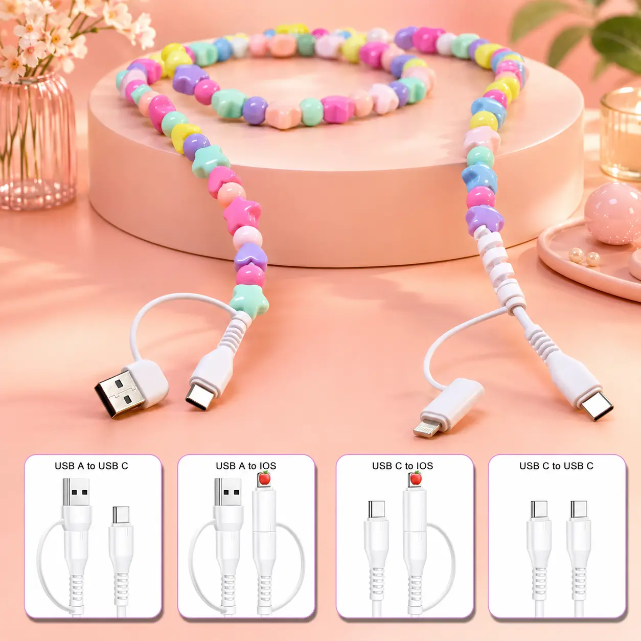 Beaded Data Cable USB-C Charging Cable (MFi Certified, 3.3ft/1m, 66W Fast Charging, USB-A to Type-C/iOS Connectors), Compatible with iPhone 17/16/15 Pro Max, iPad, Galaxy S26, etc. (Soft, Stylish Colors)