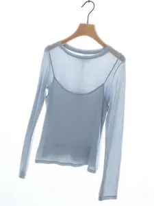 Women’s Faux Layered Long Sleeve Top, Sheer Crew Neck Slim Fit Shirt, Mesh Long Sleeve Tee, Lightweight Layered Look Shirt