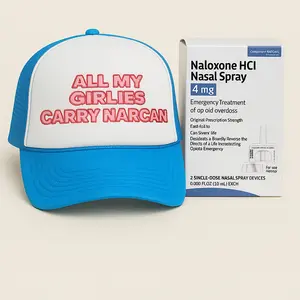 All My Girlies Carry Narcan Blue Trucker Hat Unisex Adjustable Snapback with Free Narcan Kit Included