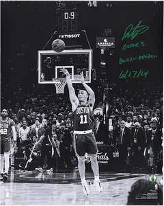 Payton Pritchard Boston Celtics Autographed 16" x 20" Black and White Game 5 Buzzer Beater Photograph with "Game 5 Buzzer Beater, 6/17/24" Inscription - Fanatics Authentic Certified