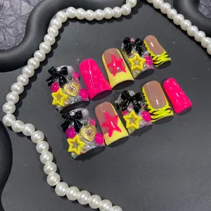 Handmade Press-On Nails, Duck Shape False Nails, Bow Decorations, Star Design Y2K Nails, Full Coverage French Tips, Glue-On Artificial Nails
