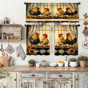 3pcs Home Decor Art Print of Kitchen Curtains Showcasing a Design with Four Vibrant Roosters And an Egg Motif, Suitable for Rod Pocket Hanging, Offered in Various Sizes As a Tier And Valance Set