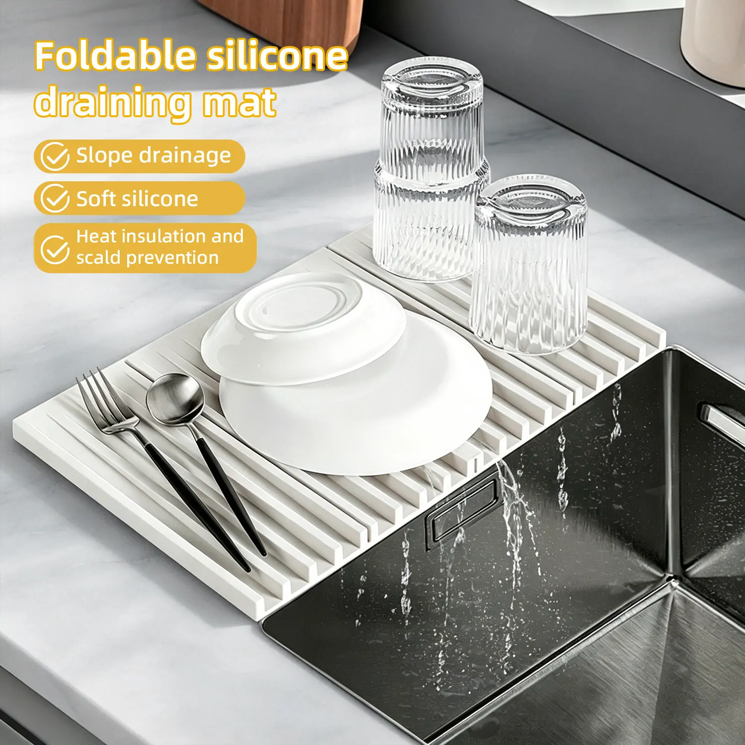 Kitchen Sink Soft Silicone Rectangular Foldable Drain Mat, Heatproof Non-Slip Counter Pad for Tableware