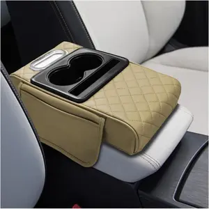 Leather  Center Console Cover,  Automotive Armrest Booster Cushion,  Middle Console Organizer with 2 Cup Holders, Side Storage Bag, Tissue Box & Phone Slot(Beige)