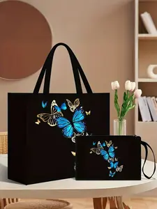 Butterfly Print Handbag Set, Durable Fashion Design, Includes Convenient Coin Purse, Multifunctional Women's Bag for Shopping Travel Beach