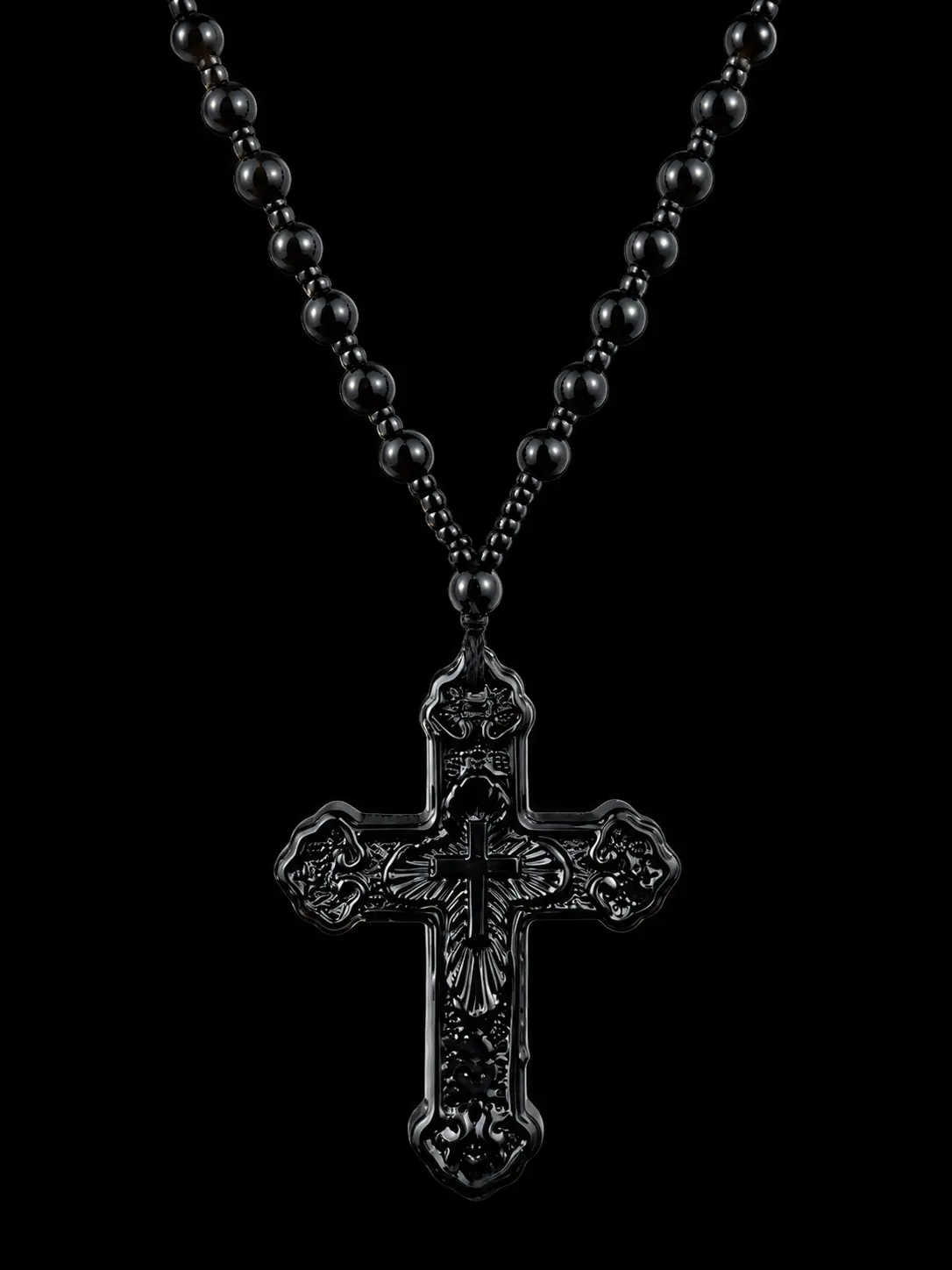 Unisex Black Liuli Glass Christian Cross Pendant Necklace - 24.4in (62cm) Hypoallergenic Beaded Chain, 5.5cm×4cm, Christian Faith Costume Jewelry for Daily Wear, Party Gift, 62 Cm