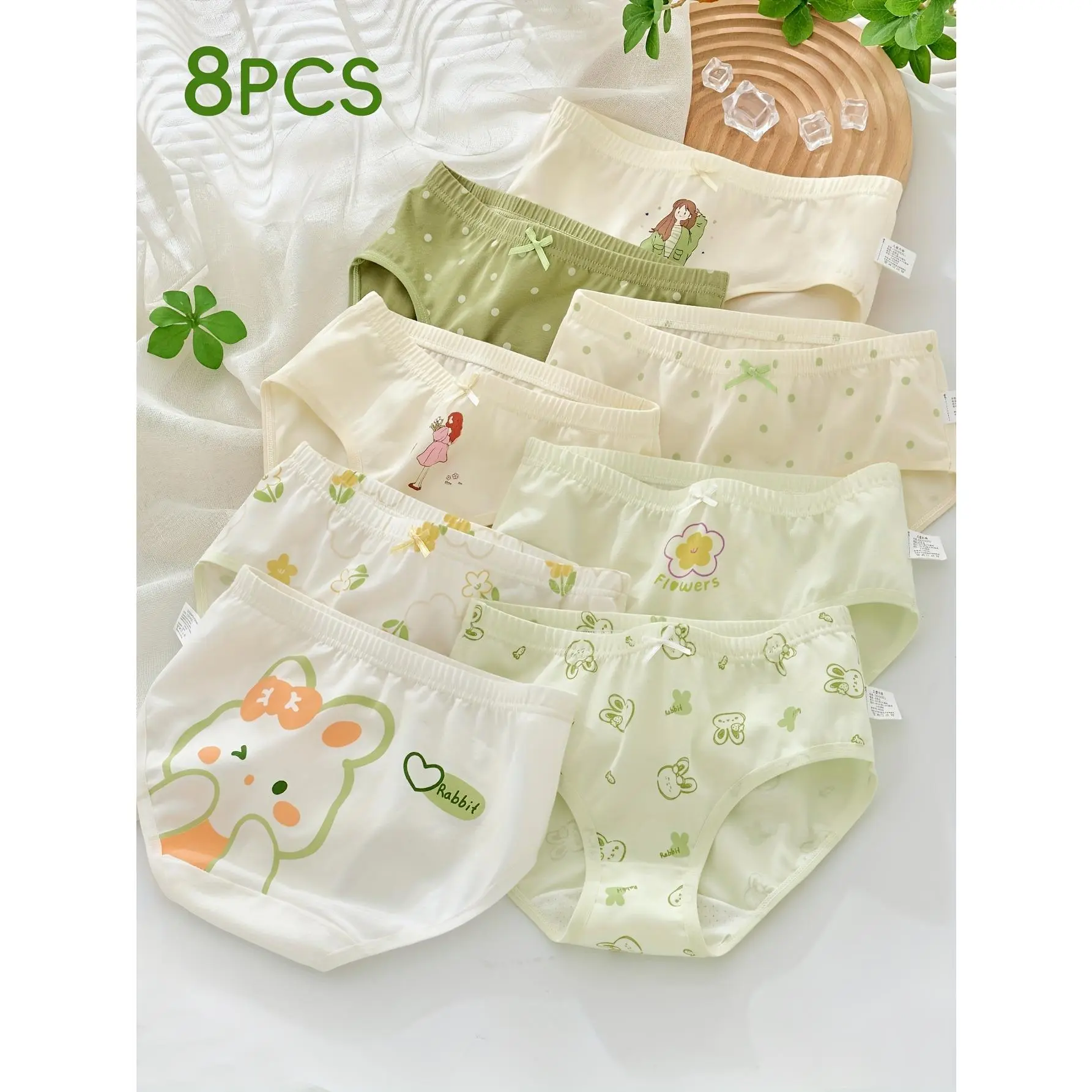 8pcs Soft & Breathable Cotton Blend Girls' Underwear - Cute Princess & Polka Dot Print, Comfortable Mid-Rise Briefs Youngsters, Machine Washable, Mint Green & White with Adorable Floral Designs