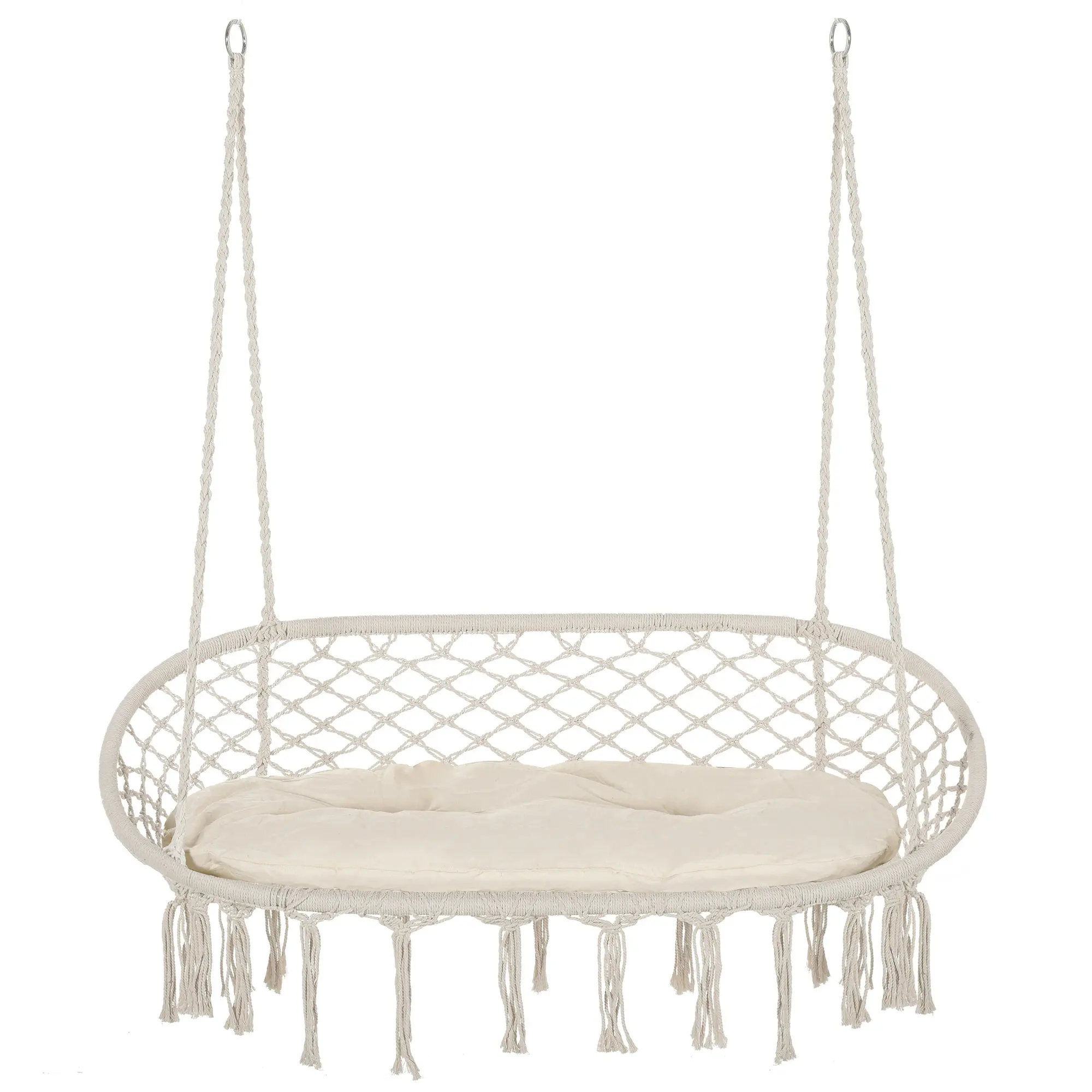 2-Person Hammock Chair Macrame Swing with Soft Cushion – Hanging Cotton Rope Chair, Boho-Style Macrame Net, Metal Frame, 396 lbs Capacity, for Indoor/Outdoor, White