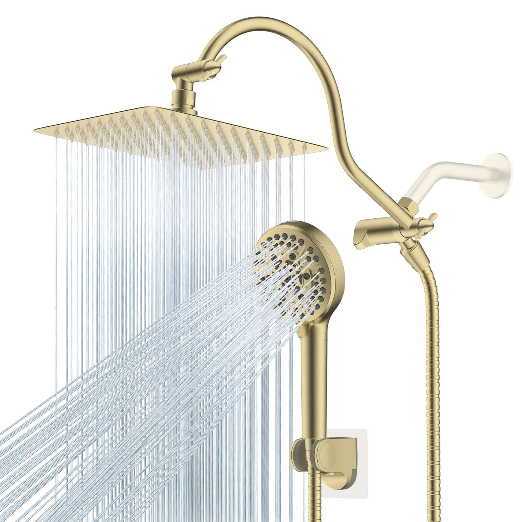 Hibbent All-Metal 10-in High-Pressure Rainfall Shower Head & Handheld Combo with 12-in Adjustable Curved Extension Arm, 10-Spray Settings, 71-in Hose, and Holder, Brushed Gold, 10 Inch, Adjustable Arm