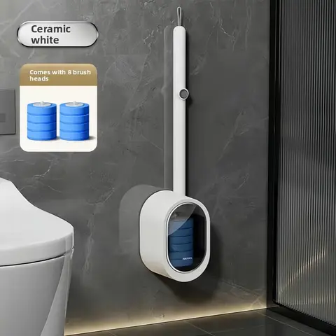 Disposable Toilet Bowl Cleaner Brush Set - Lightweight ABS Plastic Wand Kit, 8 Cleaning Pads, Foam Activation, Wall-Mount Holder for Bathroom Cleaning
