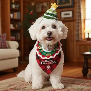 Pet Cute Costume – Pet christmas Outfit with Hat & Bandana Scarf&bib for  Dogs & Cats, Western Style Party Dress-Up for Christmas, Birthday,and daily life,Small and medium-sized dog Halloween costume dog clothes,Adjustable party hat,Red Christmas costume.