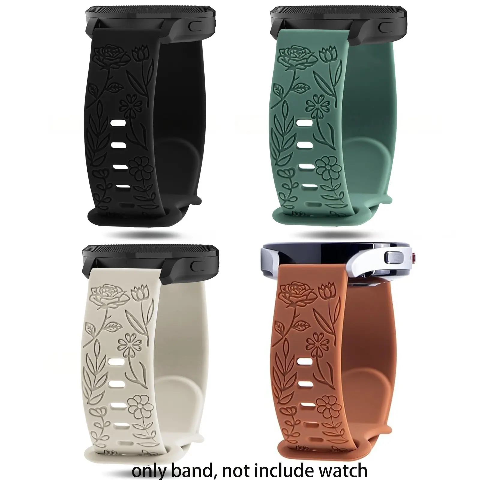 4 Pack Floral Engraved Bands Wearable Accessory Compatible with Samsung Galaxy Watch 7 Band 6 5 4 Active 2 FE 40mm 44mm/Watch 6/4 Classic/5 Pro/3, 20mm Cute Flower Silicone Sport Strap for Samsung Watch