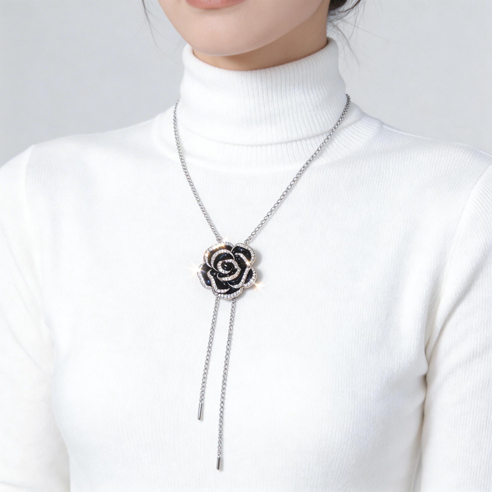 Sensitive Skin-Safe Black Rose Necklace, Adjustable Chain, a Surprise Gift for Anniversary/Prom Hypoallergenic Luxury Rose Necklace & Brooch, Sparkling CZ, a Precious Gift for Her Sensitive Skin