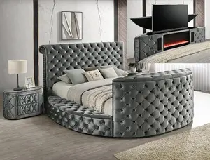 Velvet TV Fireplace Bed Frame Modern Design with Tufted Detailing for Stylish Bedroom Decor Grey Color