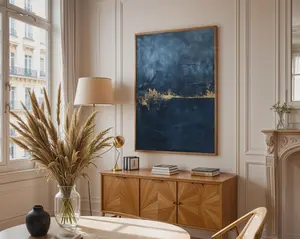 Textured Blue Gold Abstract Painting Print Poster, Modern Elegant Wall Art for Living Room