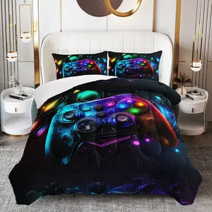 3pcs Video Game Comforter Set, Gaming Duvet Set for Girls and Adults Bedroom or Guest Room Decor, Lightweight Soft All Seasons Comforter Machine Washable Microfiber Quilt with 2 Pillowcases , Gifts for the Family
