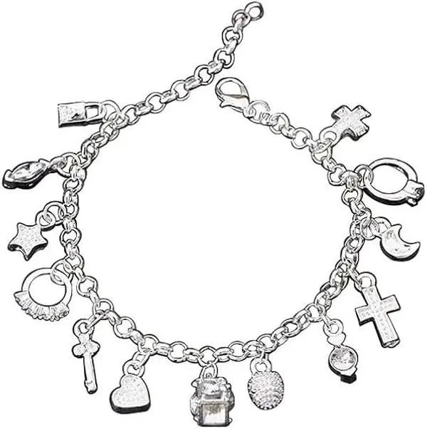 Women's Fashion Cross Bangle, Minimalist Silver Alloy Charm Bracelet with 13 Pendants, Adjustable, Rust-Resistant Gift for Teen Girls, Adjustable Chain, Anti-Discoloration, Birthday, 8.3 Inches, Religious Jewelry Gift, Daily