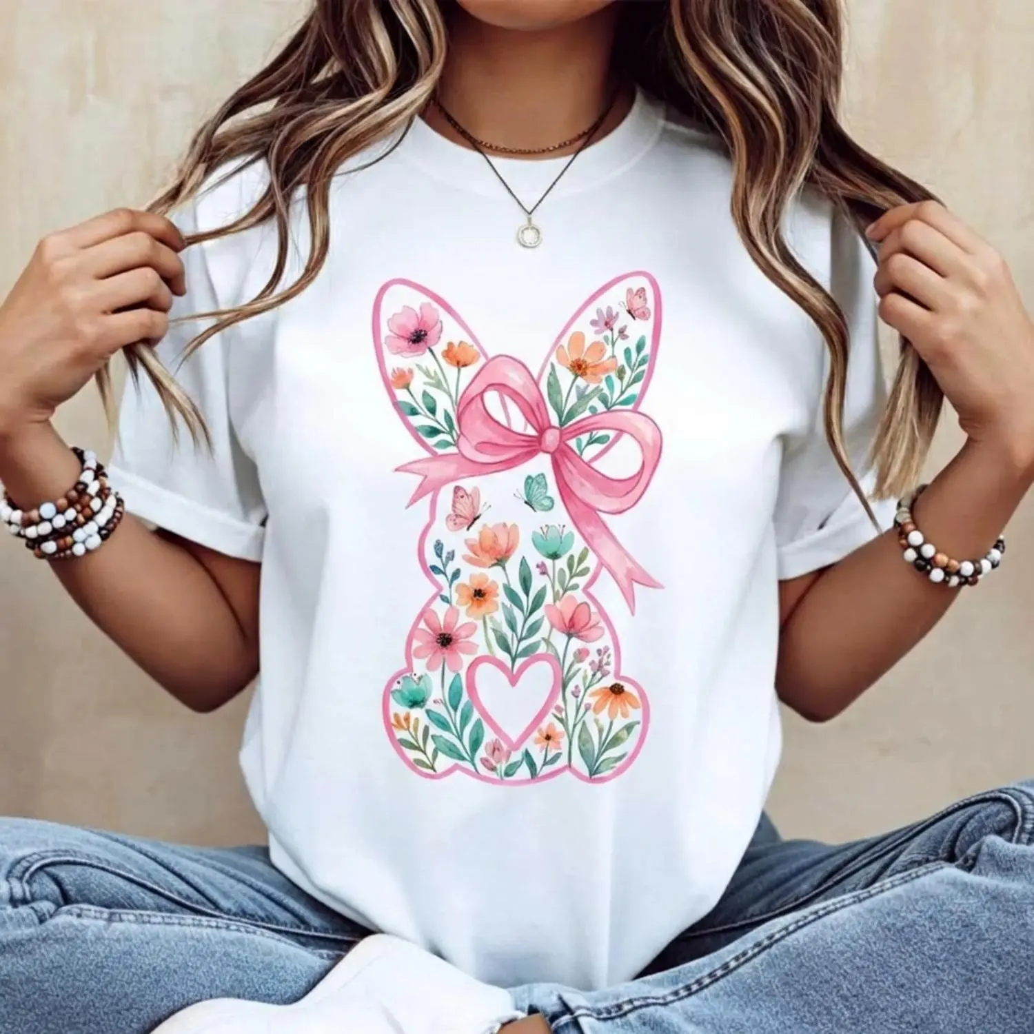 Women Casual Round Neck Short Sleeve T Shirt Featuring Easter Bunny with Pink Bow and Colorful Swirls Print Ideal for Spring Festival and Holiday Wear Durable Vibrant Design
