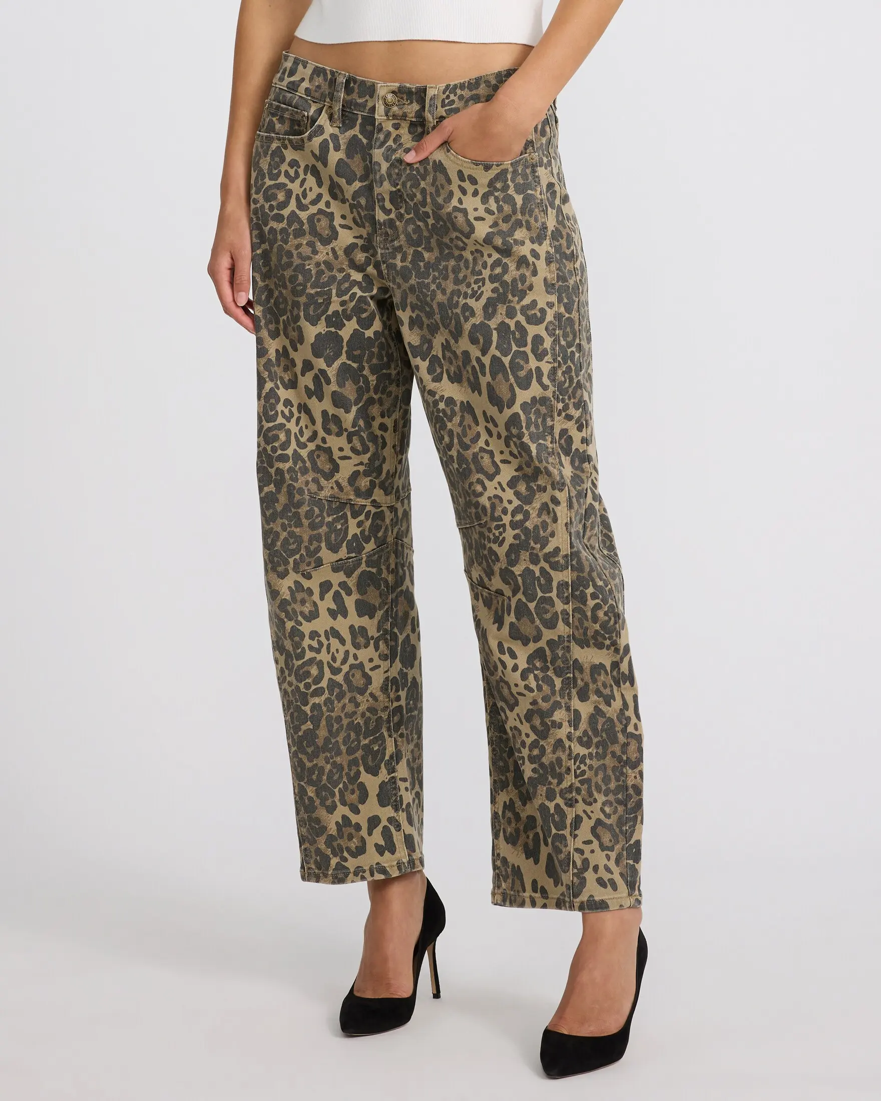 Express Low Slung Twist Seam Ankle Barrel Leopard Jeans