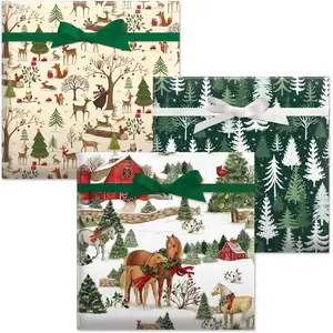 Wrap Value Pack- Woods on Cream, Holiday Forest, Holiday Horses  Rolled  Wrapping Paper - 3 Giant Single Sided Wraps, 23" x 32' Each