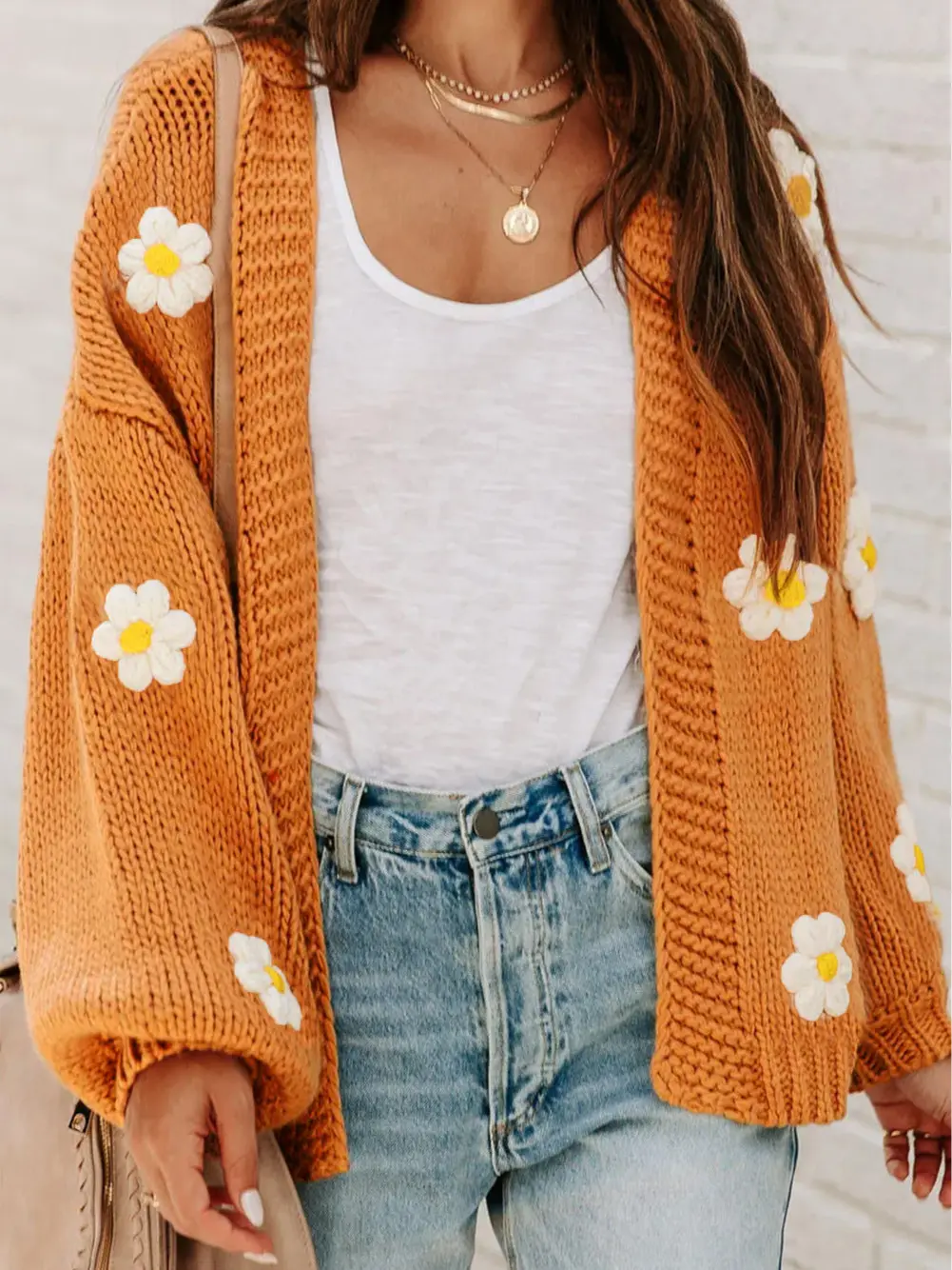Light French Beige Flower Applique Bubble Sleeve Cardigan
