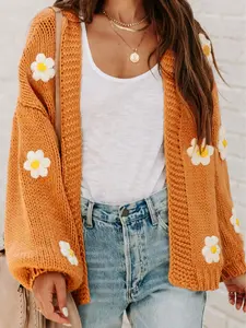 Light French Beige Flower Applique Bubble Sleeve Cardigan