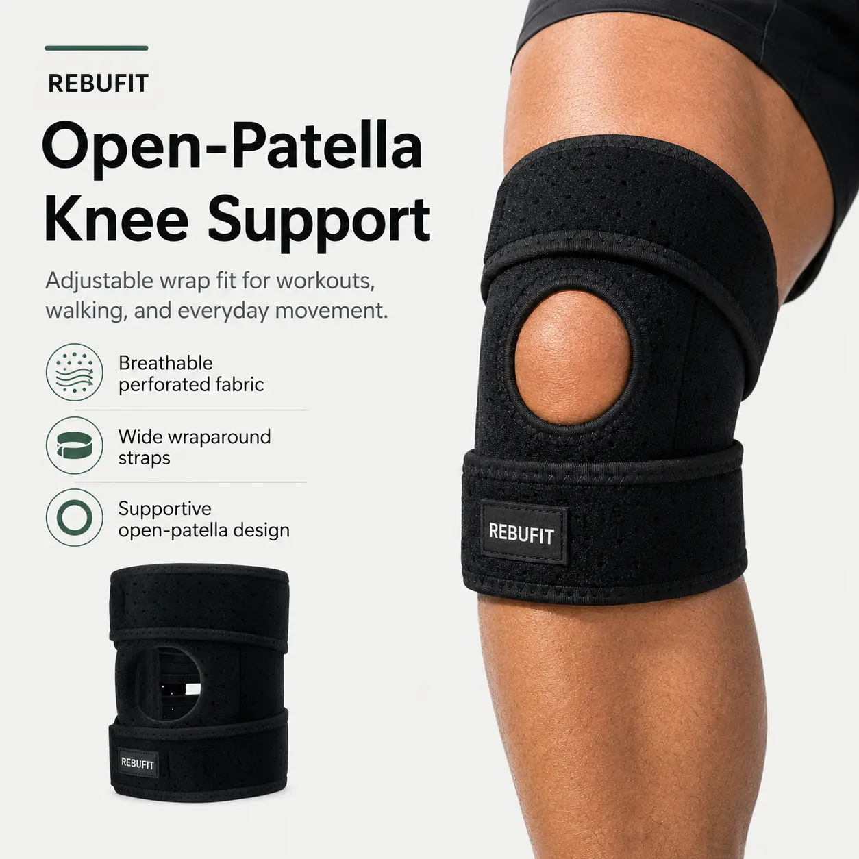 REBUFIT Open Patella Knee Brace - Adjustable Wraparound Compression Knee Support with Breathable Perforated Fabric for Running, Basketball, Daily Training