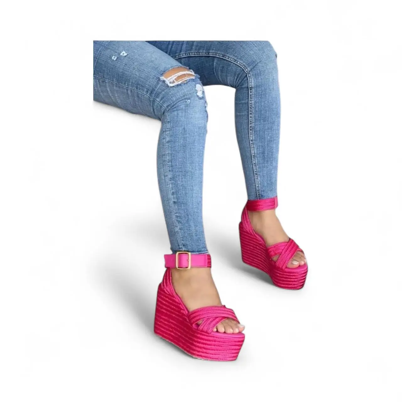 YRMODA Women's Fuchsia Wedge Heel Shoes - Jute Crossed-Strap Elegant Sandals, 12cm High Heel, for Evening Wear, Plain
