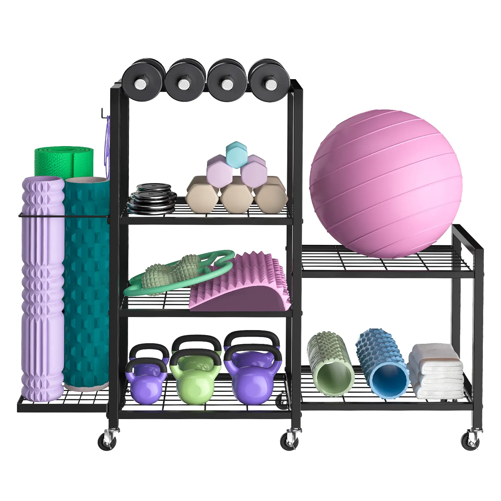 Explorinox Steel Home Gym Storage Rack with Wheels - Adjustable Dumbbell Storage, Compartmentalized Yoga Mat Organizer, Multi-Purpose Fitness Equipment Stand, Compartment
