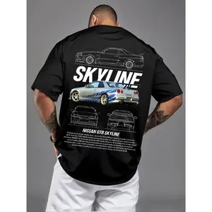 Men's Nissan Skyline GTR R34 Graphic Casual Streetwear T-Shirt - Oversized JDM Car Enthusiast Tee, Fast & Furious Inspired Shirt, Vintage Blueprint Design, Perfect Gift for Car Lovers, Drifting Fans & Tuners