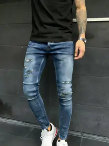 Men's Elastic Skinny Jeans, American Casual Long Pants, Ripped Slimming Fit, Stylish Punk Style, Comfortable Denim Trousers, Denim Skinnies