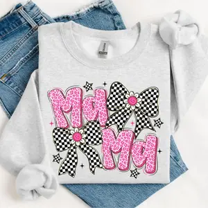 Pink Mama Floral Checkered Bow Sweatshirt T-Shirt, Preppy Leopard Mama Shirt, Mother's Day Gift, Mom Gift