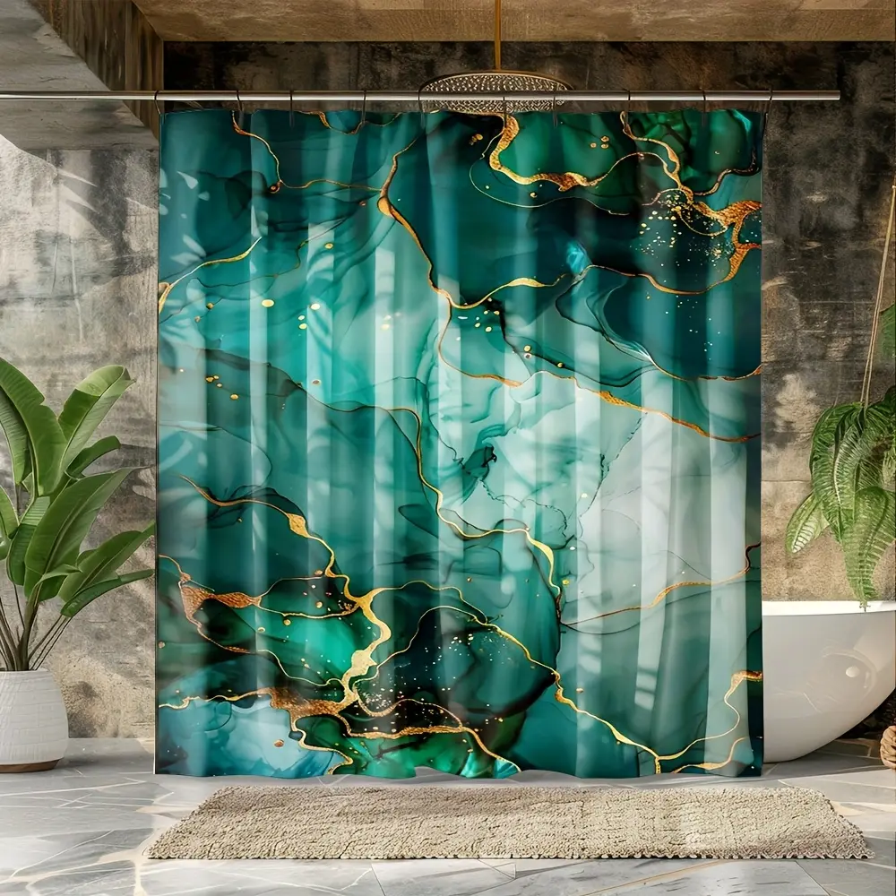 1pc  Luxury Green Marble Shower Curtain with Golden Veins -  Machine Washable Bath Curtain for Modern Bathrooms, Artistic Design with Intricate Swirling Patterns, Durable Polyester Material, Elegant Bathroom Partition Curtain for Indoor Home Improvement