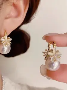 Elegant Flower Zircon Pearl Earrings Set, Luxurious Design for Office Commute, Stylish Accessory for Mature Look