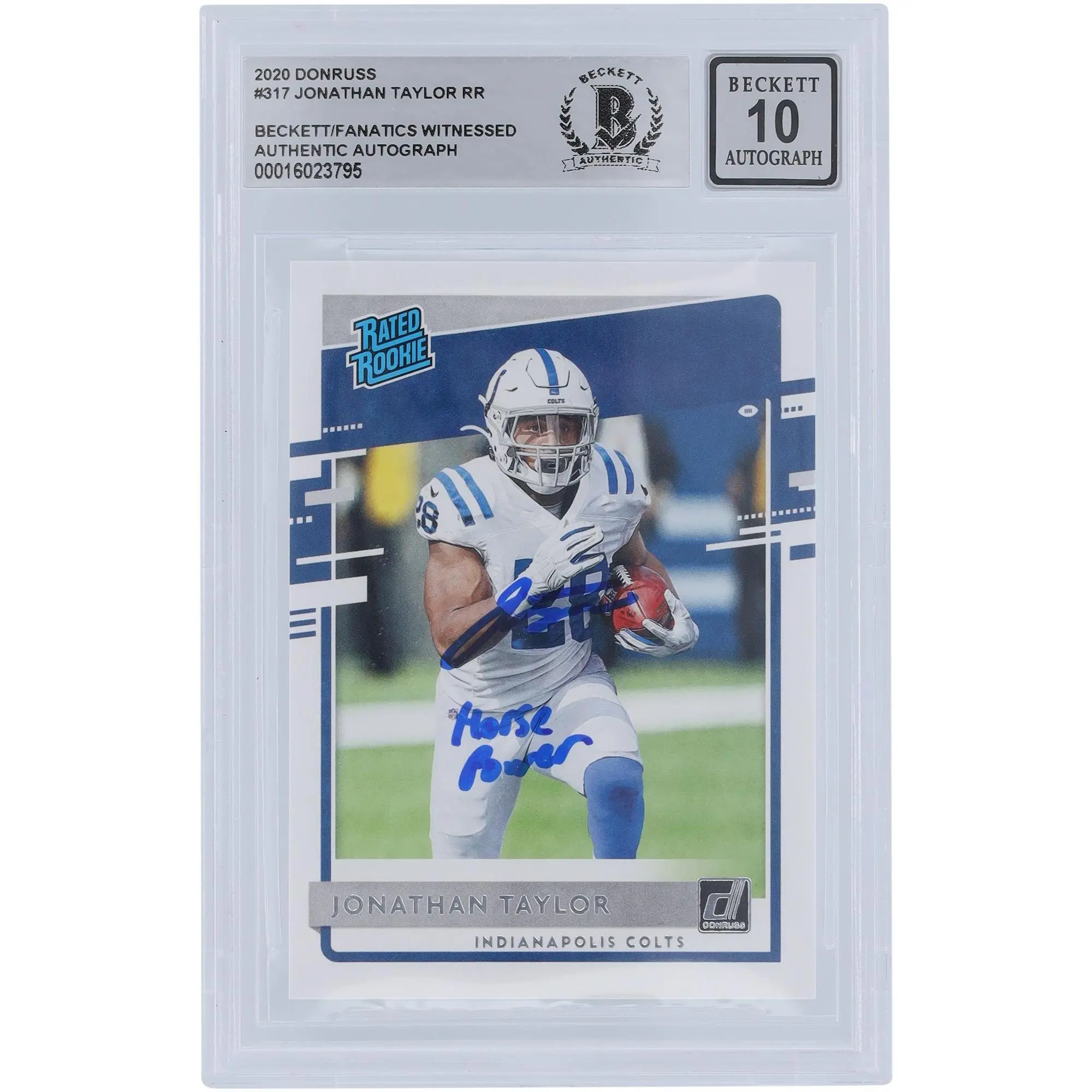 Jonathan Taylor Indianapolis Colts Autographed 2020 Panini Donruss Rated Rookie #317 Beckett Fanatics Witnessed Authenticated 10 Rookie Card with "Horse Power" Inscription - Fanatics Authentic Certified