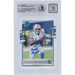 Jonathan Taylor Indianapolis Colts Autographed 2020 Panini Donruss Rated Rookie #317 Beckett Fanatics Witnessed Authenticated 10 Rookie Card with "Horse Power" Inscription - Fanatics Authentic Certified