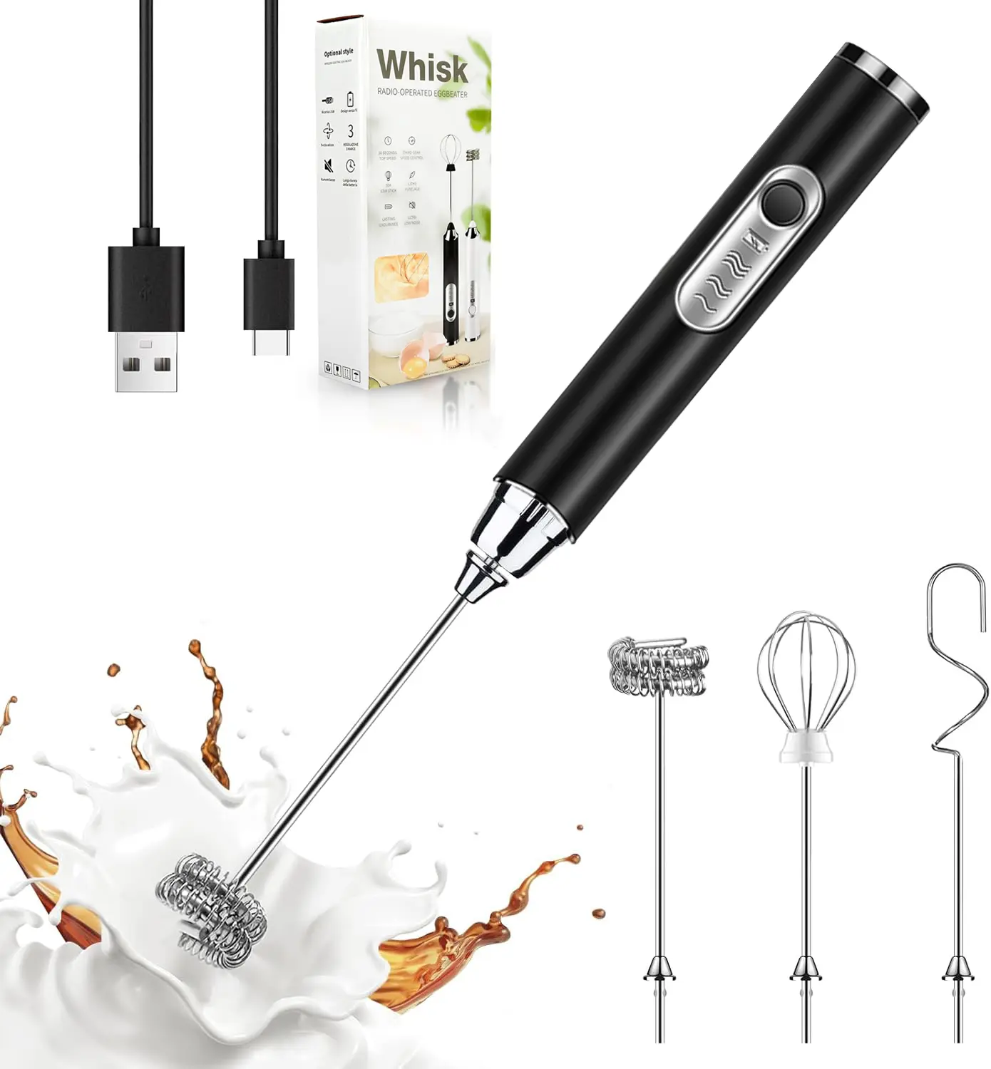 Cordless Milk Frother - Rechargeable USB-Charging Handheld Coffee Equipment with 3 Detachable Stainless Steel Whisks, 3-Speed Settings, Ergonomic Handle, Lightweight Small Size Environmentally Friendly ABS Plastic Electric Mixer for Latte Use