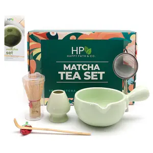 HAPPY PATH & CO Matcha Whisk Set – 6 Pcs Matcha Tea Set Includes Bamboo Whisk(Chasen) & Holder,Bowl with Spout,Sifter,Scoop & Stand | Matcha Making Kit - Perfect for Matcha Lovers(Mint Berry)