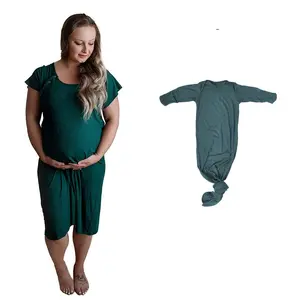 Three Little Tots Mom Ribbed Forest Green Labor & Delivery Gown with Matching Knotted Baby Gown