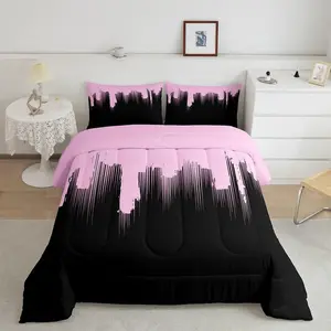 Pink Black Ombre Stripes Abstract Art Designer Comforter, Luxury Breathable Microfiber Bedding Set, Modern Duvet Set, Quilt, Breathable Duvet Set